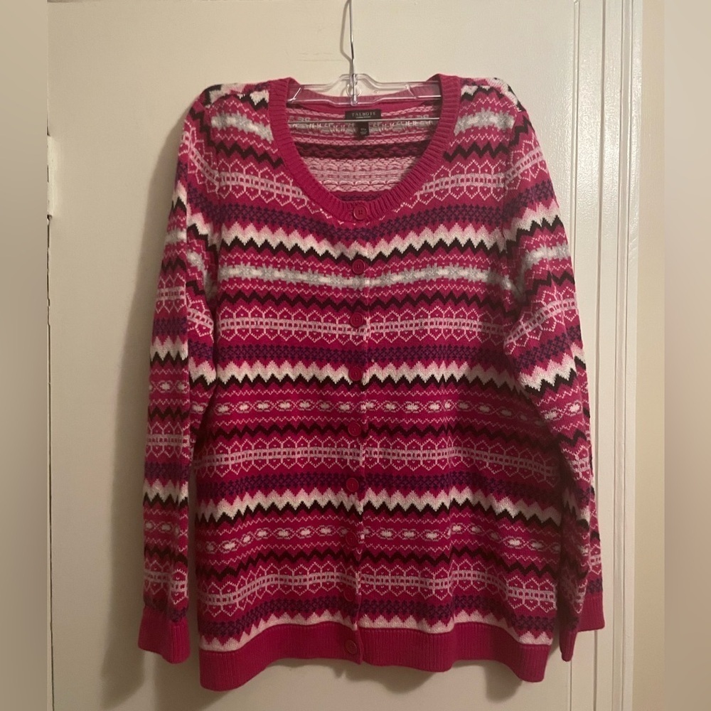 Talbots Pink Fair Isle Button Front Cardigan Size 1X Petite